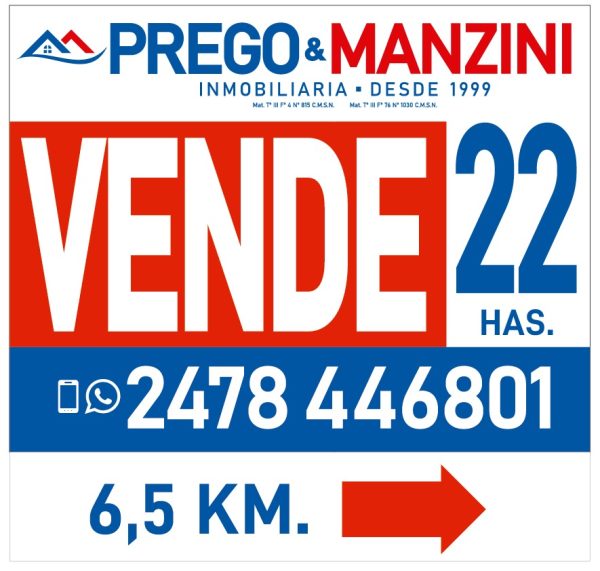 En venta: 22 hectáreas agrícolas a 6.5km de Paraje La Colorada, 14km de Ciudad de Capitán Sarmiento